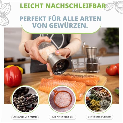 Foto von Oliver's Kitchen ® Salz und Pfeffermühle - Premium Keramikmühlen 2 Stück – Einfach aufzufüllen – manueller Salz und Pfefferstreuer mit verstellbarem Mahlgrad – große Kapazität