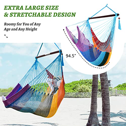 Large Hammock Chair With Spreader Bar, Caribbean Hammock Hanging Rope Swing Chair, Xl Hammock Chair Outdoor, Indoor, Bedroom, 330 Lbs Weight Capacity, Rainbow #TOP3