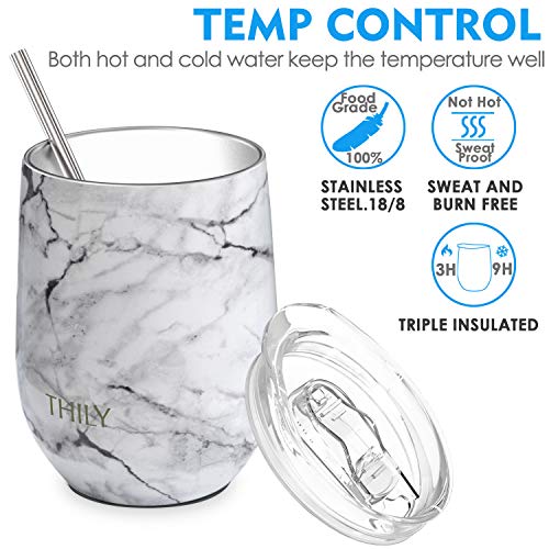 Thily Stainless Steel Stemless Wine Tumbler 4 Pack Vacuum Insulated Travel Wine Glasses Set With Sliding Lids And Straws, Keep Cold For Juice, Cocktails, Beer, Party, Christmas Gift, White Marble #TOP1