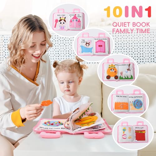 Image of Jollybaby Baby Soft Busy Books - Princess Castle, Travel Toy & Montessori Sensory Educational, 10 Preschool Learning Activities for 2 3 4 Year Old Toddlers Boy Girl(Pink)