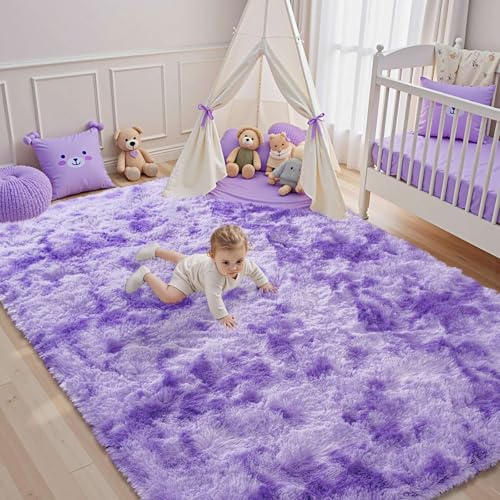 Purple White Rug Fluffy 4x6 Bedroom Rugs Girls,Plush Soft Fuzzy Area Carpet Non Slip for Living Room Nursery Kids Girlie Elegant Home Decor Aesthetic