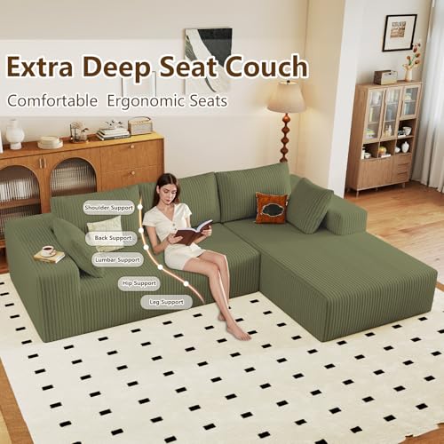 Image of 96 inch Modular Sectional Couch, Boneless L Shaped Cloud Sofa with Chaise Lounge, Corduroy Upholstered Couches Memory Foam Deep Seat, No Assembly Required, Ideal for Living Room(Green, Right Facing)