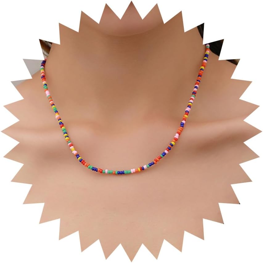 Boho Beaded Necklace Rainbow Seed Beads Choker Colorful Glass Beaded Clavicle Necklace Chain Jewelry for Women