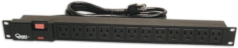 Quest Manufacturing Horizontal Rack Mount Surge Strip, 12 Outlets, 120V/15A, 1 Unit, 19", Black (HPS-E12P)