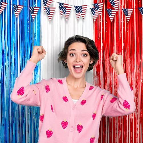 Image of Voircoloria 2 Pack Red White and Blue Tinsel Foil Fringe Curtains, 4th of July Decorations, Metallic Tinsel Party Streamers Backdrop for Patriotic, Memorial Day, Independence Day Party Decorations
