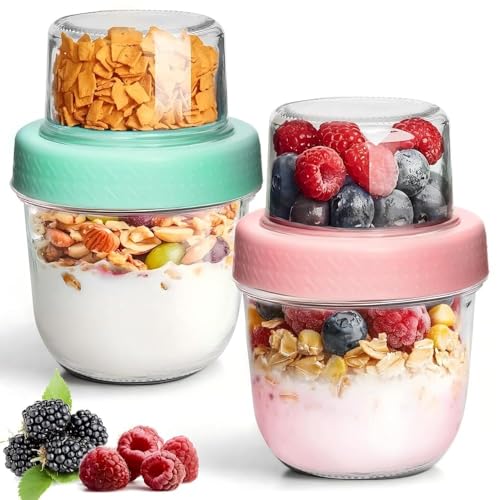 ComSaf Overnight Oats Jar with Lids 240+120mL 2Pcs Glass Yogurt Pots Dual-Layer Yoghurt Pots for Granola Cereal Nut Fruit Snack Overnight Oats Container for Meal Prep Small Mason Jars for Salad