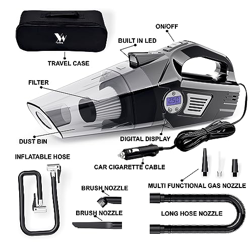 Image of 4 in1 Car Vacuum Cleaner with Tyre Inflator DC12V High Power 7000PA Handheld Car Vacuum LED Light, 4.2M Power Cord, for Wet /Dry Use, Black (TWOWAY)