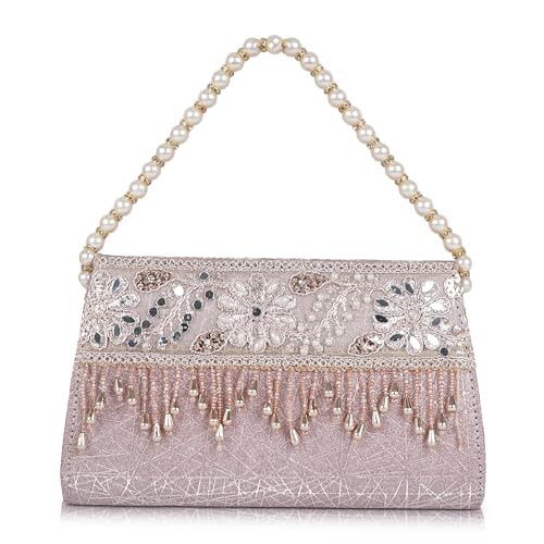 Image of Nevis Women's Embellished Clutch with Pearl Handle | Fancy Designe & Wedding Potli Bag for Festive & Evening