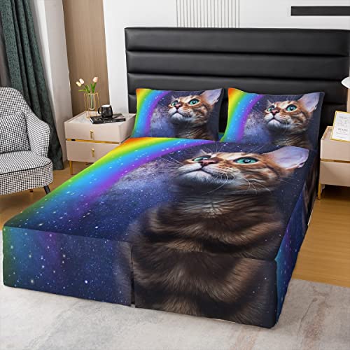 Galaxy Cat Bed Skirt King Size,Rainbow Bedding Decor Cute Pet Animal Themed Bed Skirts For Kids Teens Boys Starry Sky Kitten Bedskirt Watercolor Colorful Kawaii Room Decor #TOP26