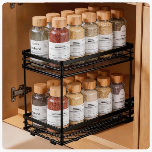 Gewürzregal Ausziehbar mit 2 Ebenen - Gewürz Organizer mit Rollenschienen Teleskop Gewürzständer für Küchenschrank Robuster Küchenorganizer zur flexiblen Montage (Kleben oder Bohren) 26x15x21 8 cm