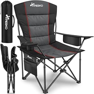 TRESKO® Campingstuhl Faltbar bis 200kg | Faltstuhl mit Kühltasche, Getränkehalter & Seitentasche | Klappstuhl XXL inkl. Tragetasche | Angelstuhl gepolstert für Outdoor, Angeln, Festival & Garten