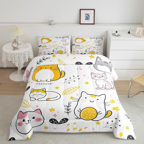 Image of Feelyou Cute Kitten Twin Comforter Set, Kawaii Pet Cats Cartoon Comforter Set for Kids, Girls, Cat Lover's Animal Themed Duvet Set, Microfiber Quilt Set