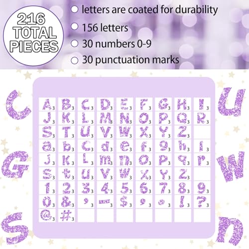 Image of Colarr 216 Pcs Glitter Bulletin Board Letters for Classroom Number Alphabet Punctuation Symbol Cutout 4'' Die-Cut Poster Letter with Adhesive Dot School Party Holiday Decor Display(Violet)