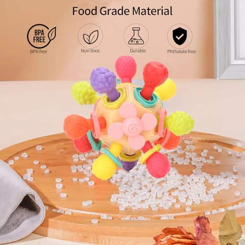 RARIPIDA Beißspielzeug Baby, Beißring aus Silikon BPA-frei, Greifball Zahnungshilfe Babyspielzeug Teether Ball Spielzeug Geschenk für Babys 0-12 Monate (Rosa) – Bild 3