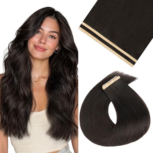 Image of GOO GOO Tape In Weft Hair Extensions Human Hair, Genius PU Long Weft Tape In Hair Extensions Real Human Hair, Silky Easy to Use, 2 Dark Brown 20 inch 60g 2pcs