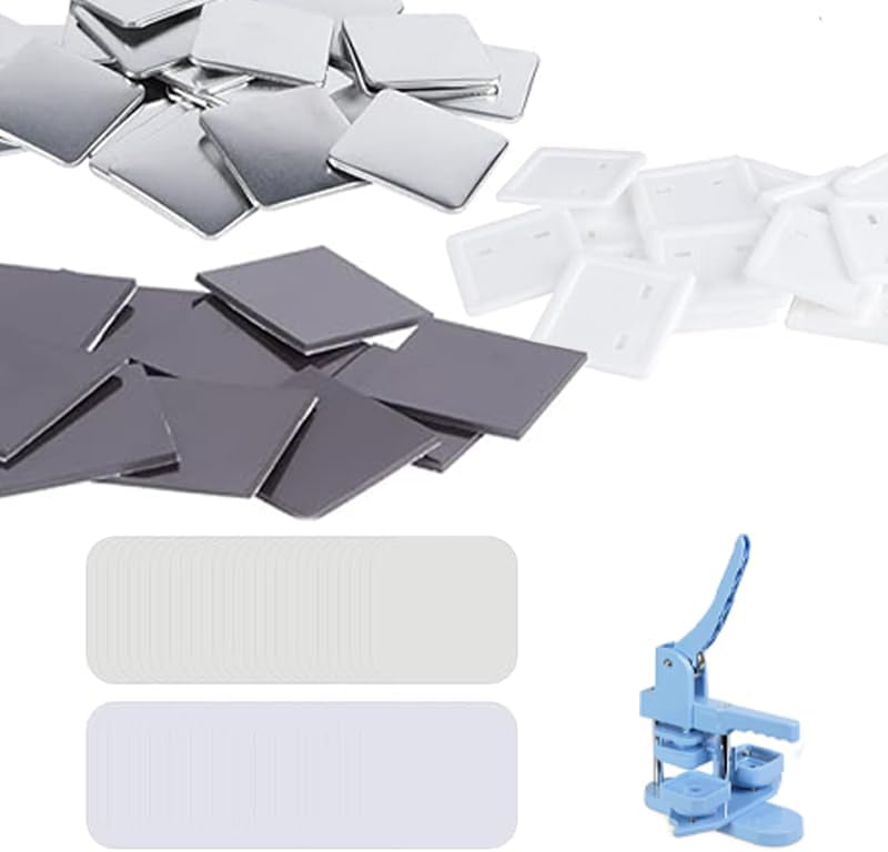Fridge Magnet Button Maker Parts, 50mm(1.97in) Square Badge Maker Supplies for Blank Back Button, with 100 Sets of Metal Cover&Plastic Back Cover&Clear Film&Blank Paper&Soft Magnet