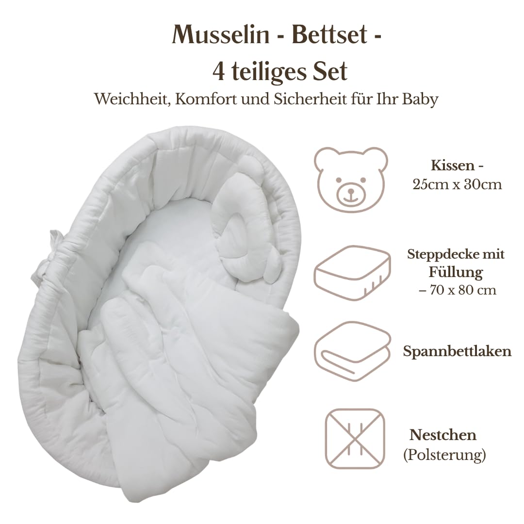 Set di biancheria da letto da 4 pezzi, per neonati e bambini, in mussola per culla, copripiumino con laccetti di colore bianco
