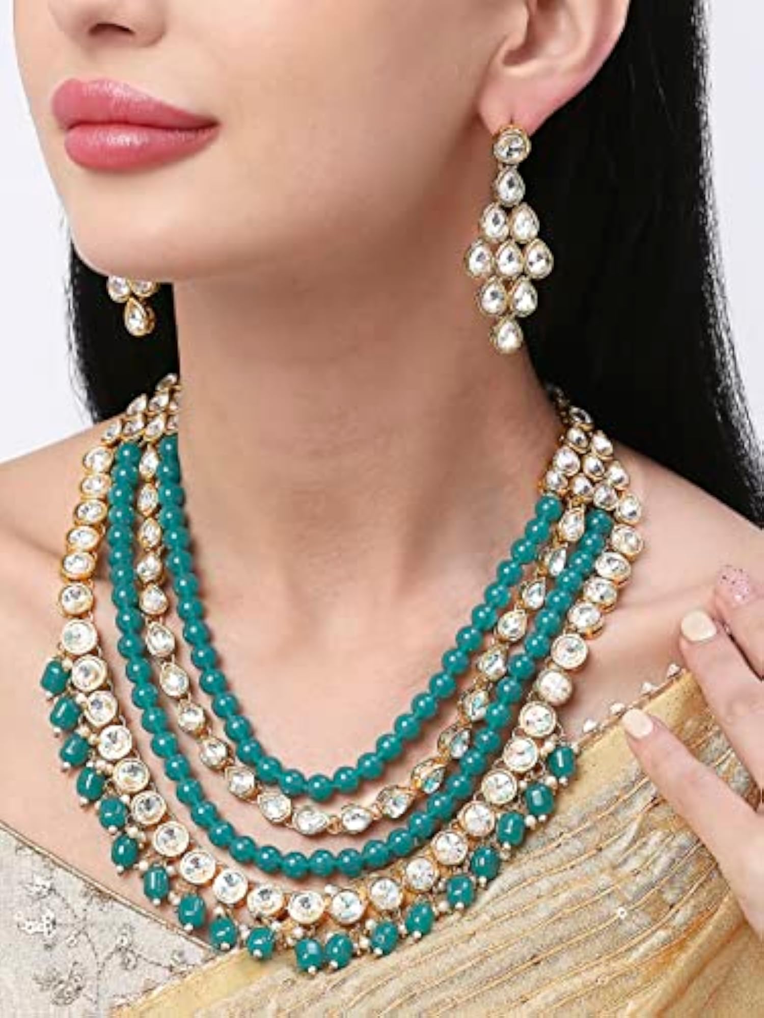 Green Beads & Kundan Multi Layer Ethnic Mala Necklace Set with Drop Earrings