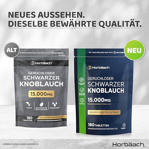 Schwarzer Knoblauch 15.000mg | 180 Schwarze Knoblauchtabletten | aus konzentrierter Knoblauchextrakt | Hochdosiert und Vegane | Aged Black Garlic Supplement | von Horbaach