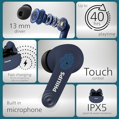 Image of Philips TAT1269 Bluetooth Truly Wireless in Ear Earbuds with mic, 13mm Drivers, Bluetooth 5.4, 40H Playtime, IPX5, Fast Charging, Touch Controls, Voice Assistant, Mono Mode, LED Indicator(Cosmic Blue)