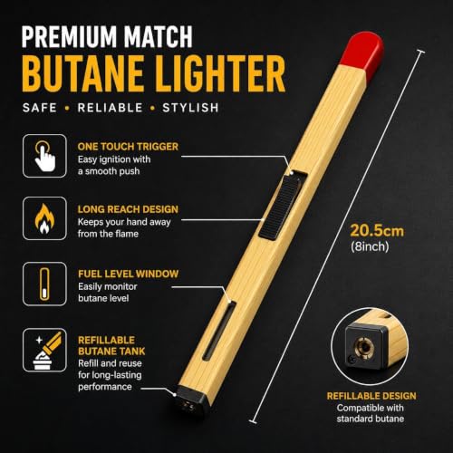Image of Matchstick Shaped Gas Lighter for Kitchen | Long Handle Gas Lighter for Stove, Candle & BBQ | Windproof Flame Lighter, Refillable Multipurpose Lighter for Outdoor Use & Home