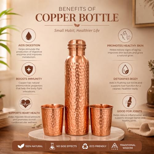 Image of JAIPUR ACE Hammered Pure Copper Water Bottle with Glass Set | 100% Copper Bottle Set | Leak Proof, Ayurvedic Benefits, Premium Design Gift Set for Home, Office, Gifting (Premium Hammered Bottle)