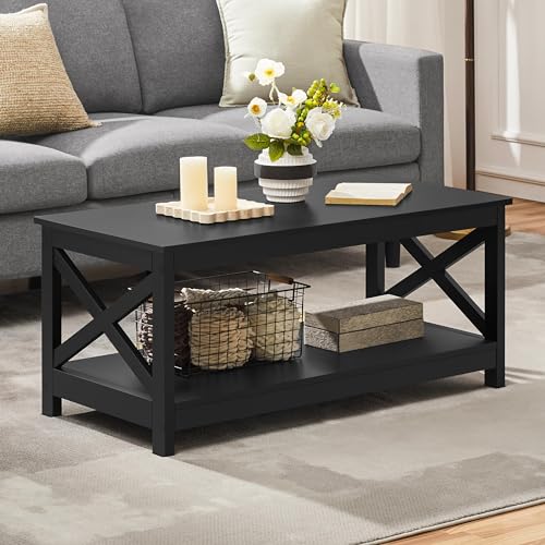 Yaheetech Wood 2-Tier Black Coffee Table with Storage Shelf for Living Room, X Design Accent...