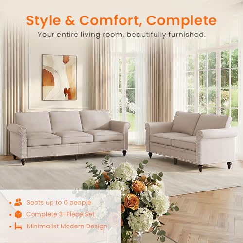 Image of ijuicy 2 PCS Sectional Sofa Set Loveseat + 3 Seat Sofa-Beige | Modern linen upholstered couch furniture with 5 inch thick cushions and nailhead trim, ideal for living rooms, homes