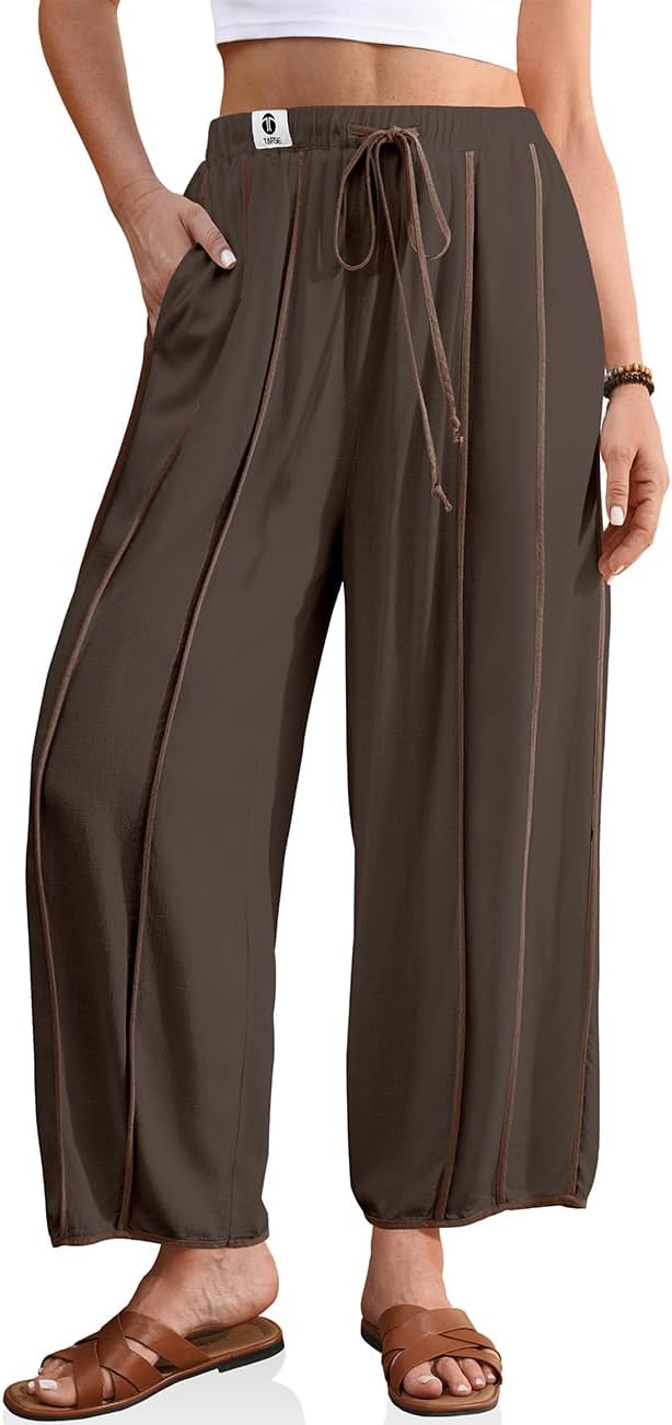 TARSE Womens Linen Harem Pants Loose Casual Wide Leg Summer Boho Beach Travel Vacation Palazzo Pants with Pockets