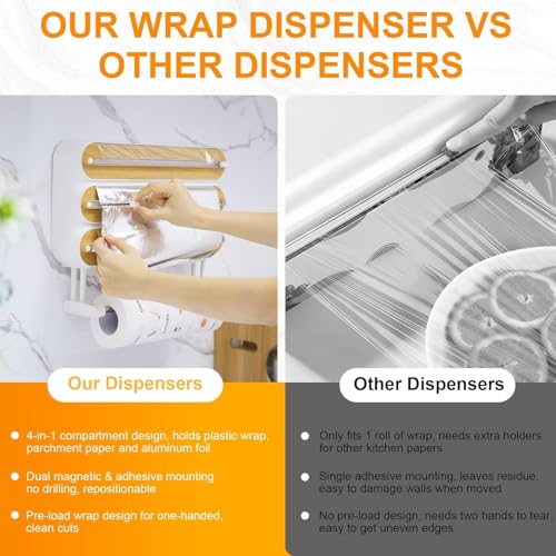 Image of DOCAT Foil Paper Cutter and Holder, 3 in 1 Magnetic Aluminum Foil and Plastic Wrap Organizer with Paper Towel Holder, Compatible with Cling Film, Tin Foil and Wax Paper (4 in 1 Wooden)