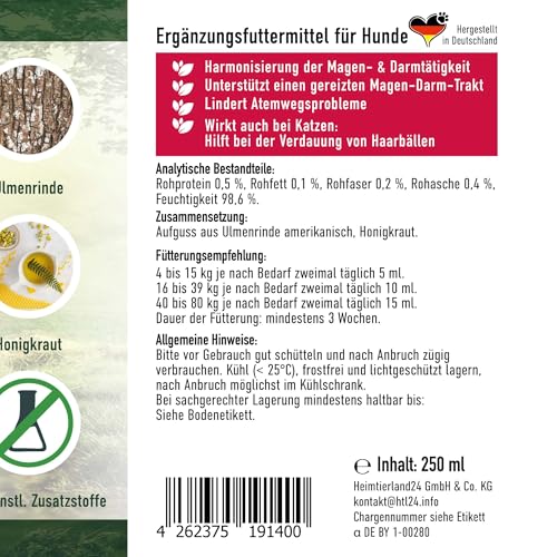 TJURE Ulmenrinde Liquid für Hunde & Katzen | 500 ml | Natürliche Magen Darm Unterstützung | Flüssige Ulmenrinde mit Honigkraut | Ohne Aufkochen | Naturkraft ohne Zusätze | Made in Germany
