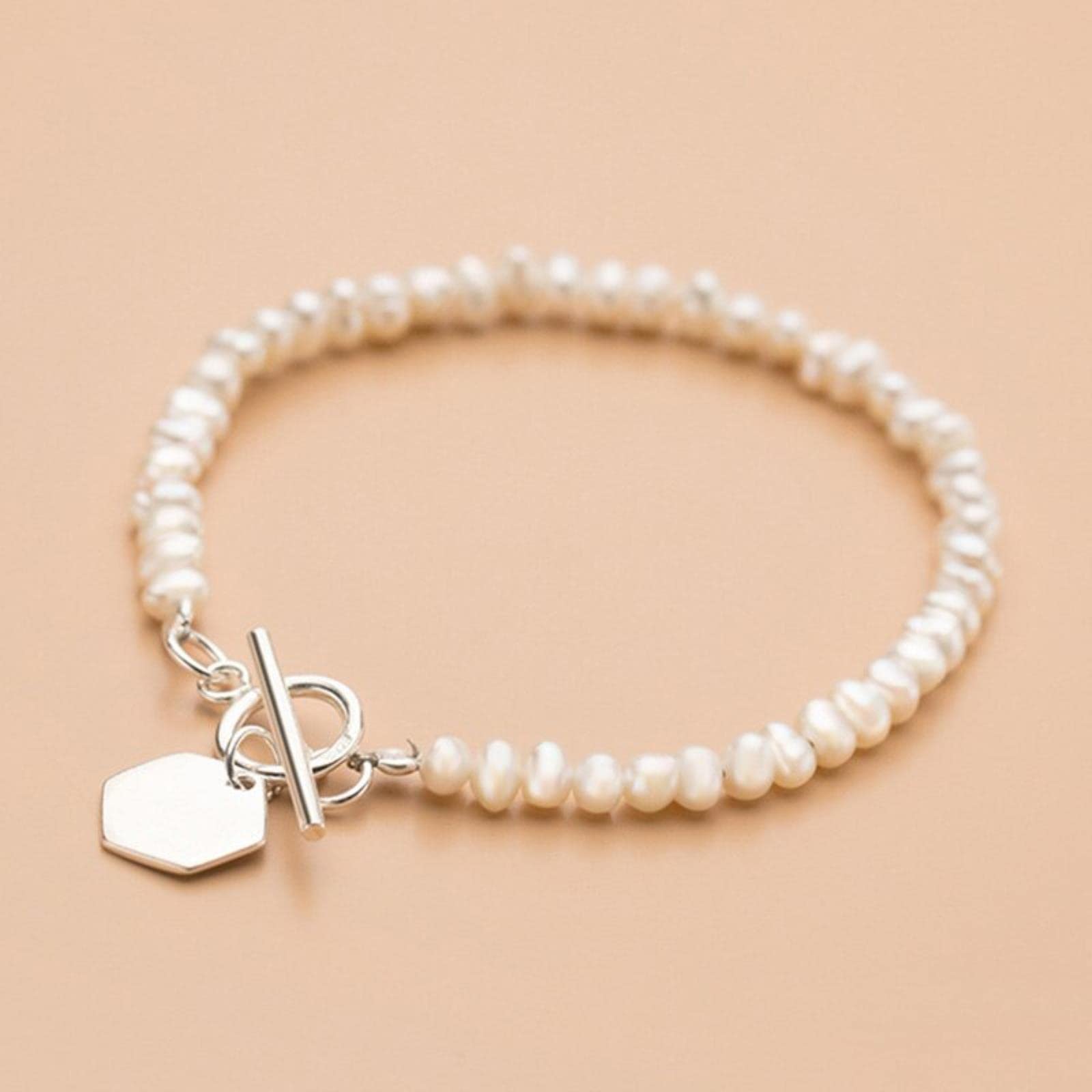 Bracciale A Catena Esagonale in Argento Sterling 925 con Perle Naturali Dolci per Gioielli da Sposa in Argento Sterling da Donna