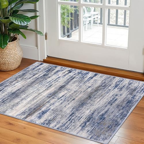 KOZYFLY Modern Abstract Rugs for Entryway 2x3, Washable Kitchen Rug Non-Slip Soft Small Bathroom Rug, Grey-Blue Striped Entryway Rugs Abstract Faux Wool Doormat for Bedside Entrance Bedroom Sink