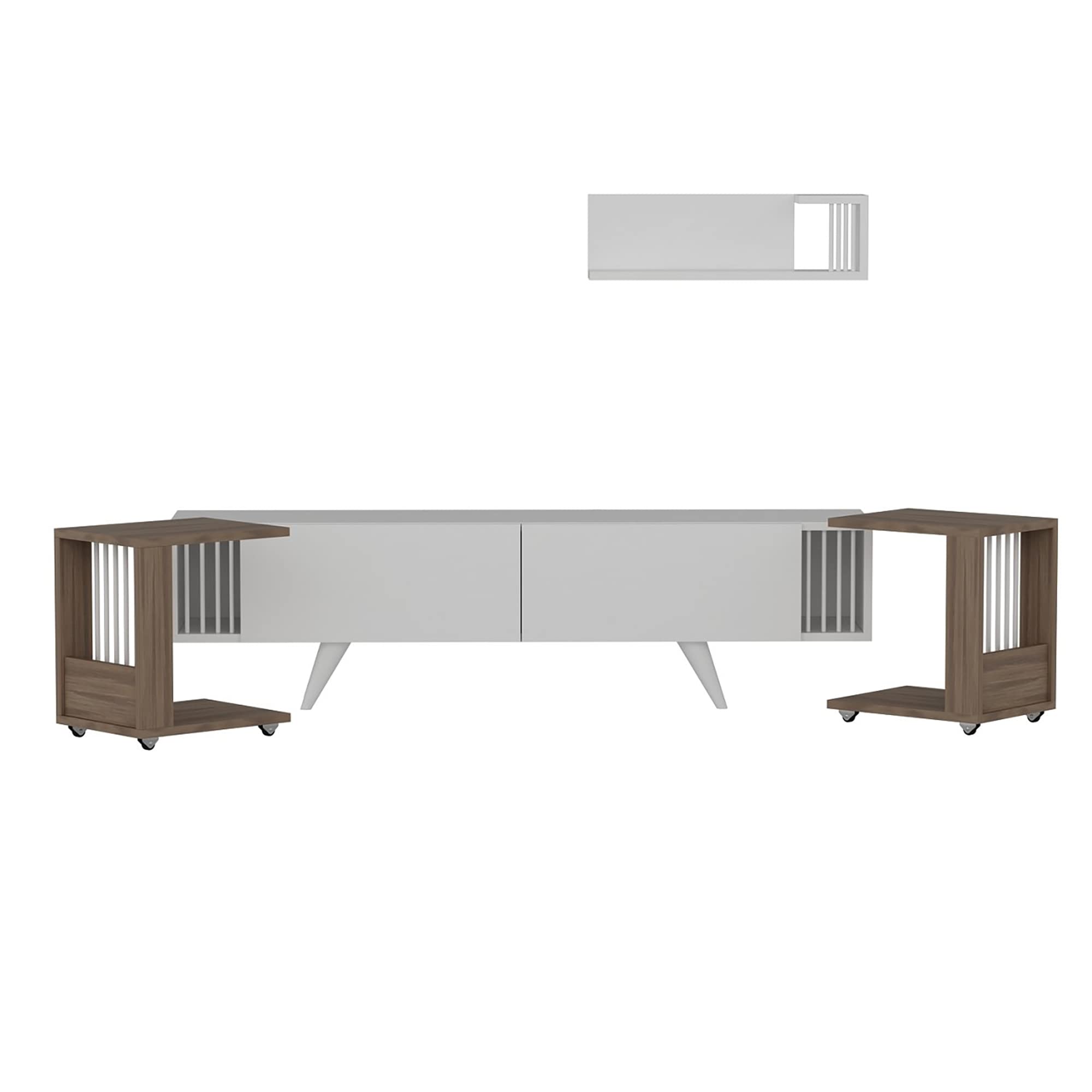 [en.casa] Set di Mobili da Soggiorno Composto di Mensola da Muro, Mobile Porta TV con Ante a Ribalta e 2 Tavolini Laterali - Rovere/Bianco