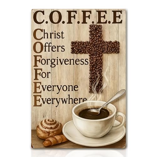 Vintage Coffee Metal Iron Tin Signs Christian Wall Art Decoration Inspirational Wall Decor for Family Living Room Kitchen Motivational Decor Cafe Sign Pictures 8x12 In