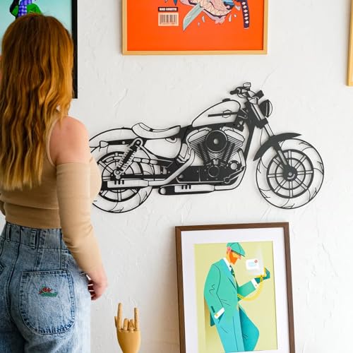 Image of 7 Decore Rustic Wooden Motor Bike Wall Decor in Black Color - Perfect for Bike Enthusiasts | Handcrafted Motor Bike Art Piece for Home, Game Room, Cafe or Office