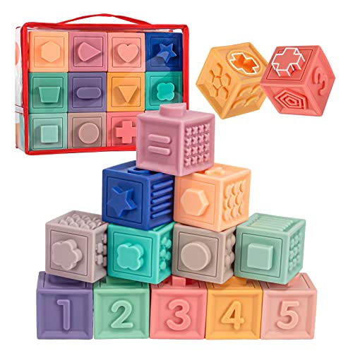 Image of SpringFlower Baby Soft Stacking Blocks, Baby Toys for 0 6 9 12 Months, Baby Teething Building Blocks, Educational Sensory Toys Gifts for Toddlers 1-3, 12pcs