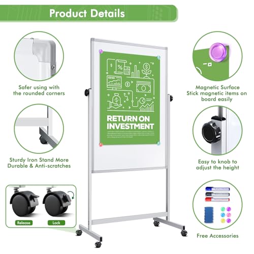 Rolling Whiteboard on Wheels, 32x48 Inches Double-Sided Magnetic Dry Erase Board with Stand, Height Adjustable Mobile White Board Easel for Classroom Home Office