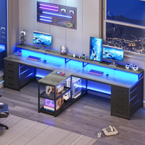 SEDETA 94.5 2 Person Gaming Desk Long Office Computer Desk with 8 Drawers & LED Lights Two Person Desk with Storage Power Strip & Monitor Stand for Home Office Grey