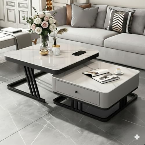 Image of Handmade Drawer Square 20 inchx20 inch Coffee Table /Nesting Table /Side Table /Center Table with Marble Finish Top for Living Room /Drawing Room (Black & Grey)