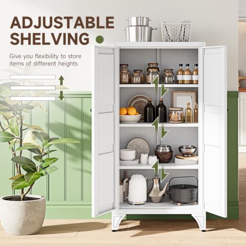 Image of Letaya Metal Storage Cabinet with Doors and Shelves,47.3 inch H Bathroom Floor Kitchen Pantry Utility Cupboard Dining Home Office /Garage Organizers,White