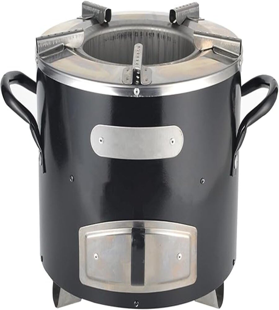 showkah® Portable Rocket Stove – Windproof Dual-Fuel Wood & Charcoal Burner with Ash Drawer & Handle | Cast Iron Steel Camping Stove for Dutch Ovens, BBQ, Survival (Black)