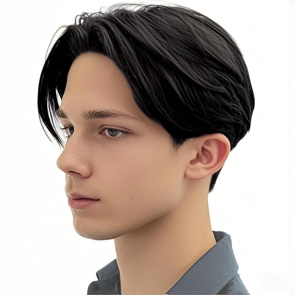Mens Black Short Wig Middle Part Layered Straight Fluffy Hair for Male Daily Party Costume Cosplay Wear Mens Black Short Wig Middle Part Layered Straight Fluffy Hair for Male Daily Party Costume Cosplay Wear