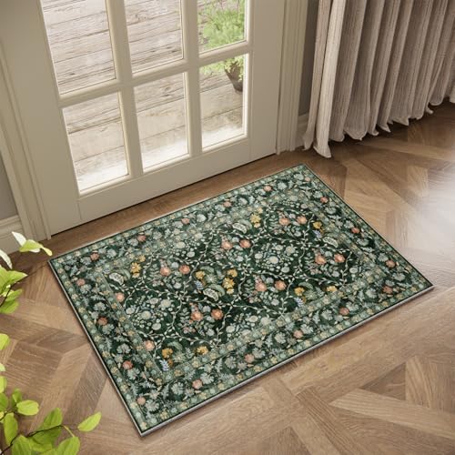 Image of Vintage Botanical Dark Green Entryway Rug, 2x3 Kitchen Rugs Non Slip Washable Boho Green Forest Design, Soft Door Mat Indoor Entrance, Ultra-Thin Easy Clean Small Throw Carpet for Bedroom Bathroom