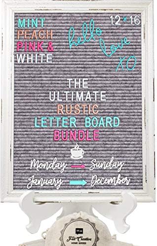 Rustic Felt Letter Board Ultimate Bundle Farmhouse Vintage White Wood Frame and Stand by Felt Creative Home Goods Changeable Message Memo Board 800+ Letter Set (Gray, 12x16)