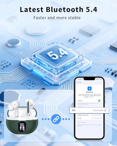 Image of XIAOWTEK Wireless Earbuds, 2026 Bluetooth 5.4 Headphones Bass Stereo Ear Buds with Noise Cancelling Mic, LED Display in Ear Earphones 50H Playtime Ear Buds, IP7 Waterproof for Laptop Pad Phones Green