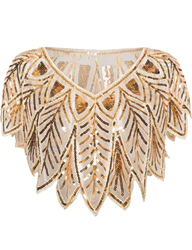 Coucoland 1920s Stola,Pañuelo retro para mujer, diseño de hojas, estilo vintage, para vestido de noche, boda, mujer, hombro, estilo Gatsby Disfraz Accesorios (Champán dorado), dorado champán Cover