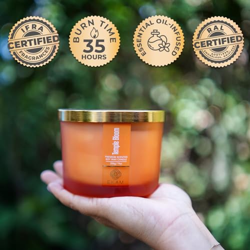 Image of EKAM Scented Candle 3 Wick Soy Wax | Temple Bloom Fragrance Candle | 35 Hr Burn | Long Lasting Premium Aroma Candle for Home Decor, Relaxation, Aromatherapy & Gifting