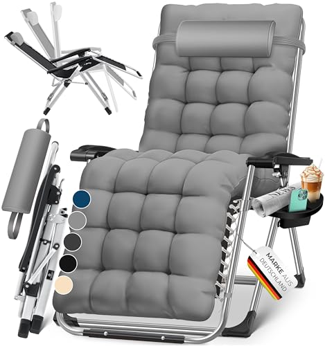 Preisvergleich Produktbild KESSER® Sonnenliege Liegestuhl Klappbar & Wetterfest, Gartenstuhl Belastbar 200kg Ergonomisches Polster Extra Breit Verstellbare Rückenlehne Gartenliege inkl. Nackenkissen & Getränkehalter, Grau