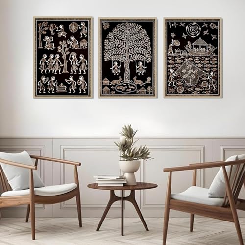 Image of ARAkri Geometric Abstract Wall Art Set of 3, Framed Poster Prints, Gold and Copper Tones, Modern Abstract, Ready to Hang, Living Room Decor (ART5, 10X 13 INCH)